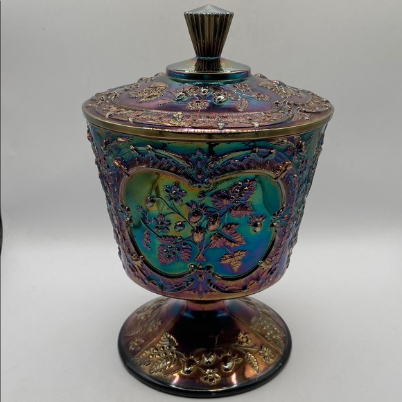 Vintage Fenton Carnival Glass Wild Strawberry Candy Compote With Lid - Picture 3 of 11